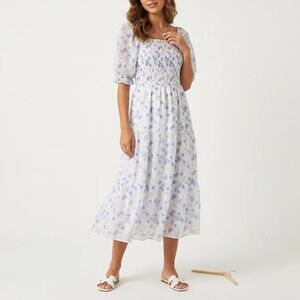 Sissyaki Blue Floral Smocked Midi Dress Square Neck Puff Sleeve Large